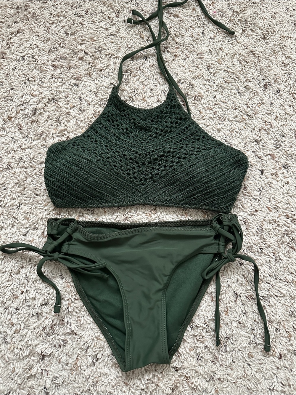 Women’s Dark Green Crochet Halter Bikini Set